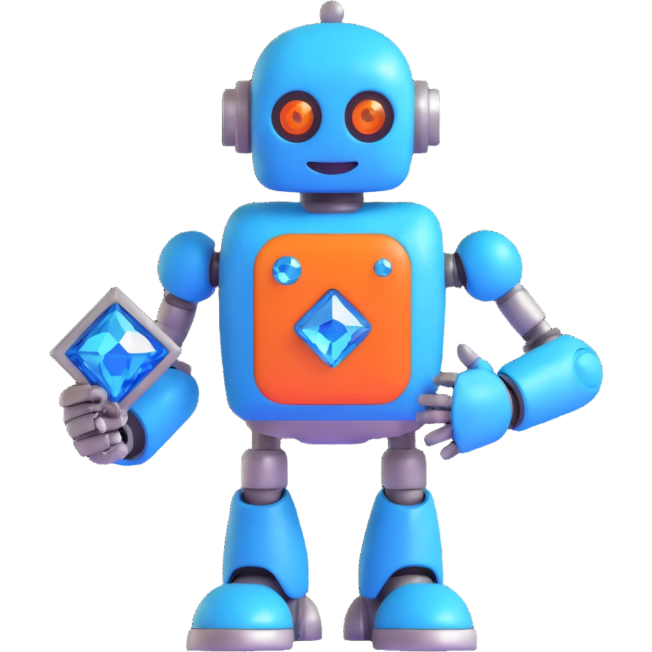 smiling robot holding a blue diamond with metallic textures emoji