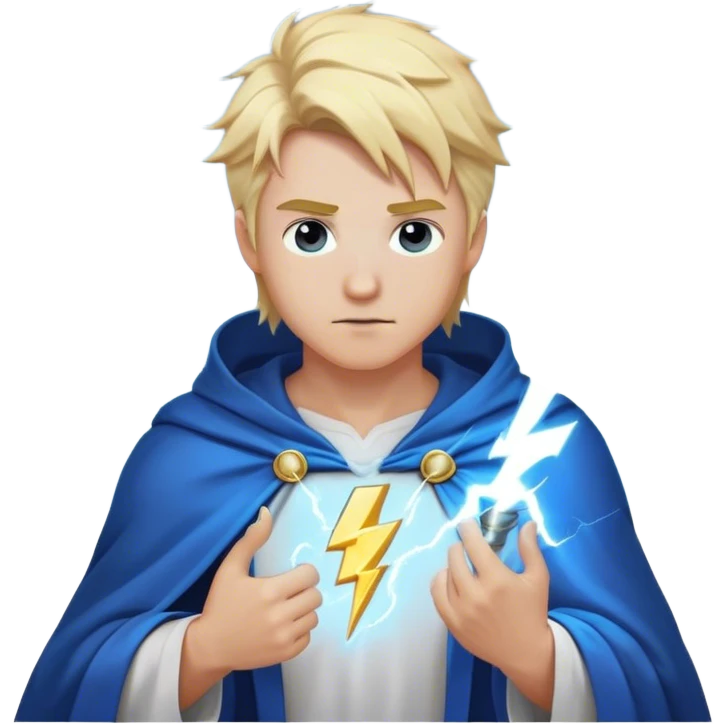 god with lightning, blond, in a blue cloak and white T-shirt. Holds lightning in his hand on his shoulder that glows with a white-blue light emoji