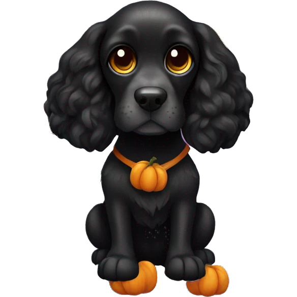 Black Cocker spaniel dog wearing pumpkin costume emoji