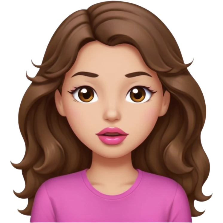 girl with long wavy brown hair, brown eyes, light to medium complexion, in a pink shirt, pink lips, long lashes, puckering lips kissing, winking with one eye emoji