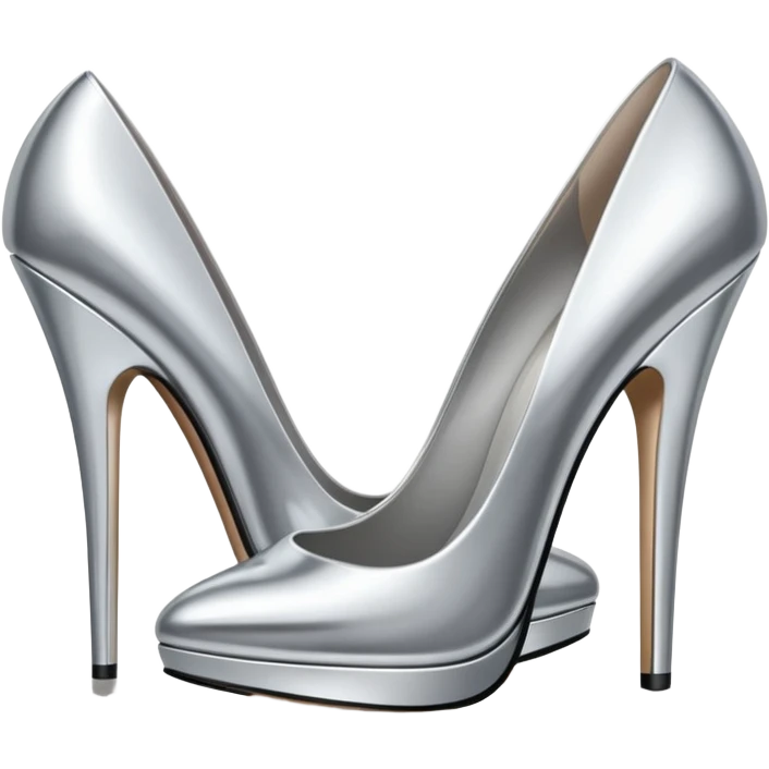 A pair of high heel shoes emoji made of polished silver chrome, elegant sharp silhouette, smooth metallic surface, glossy reflections, luxury sexy vibe, minimalistic iOS emoji style, centered, clean white background emoji