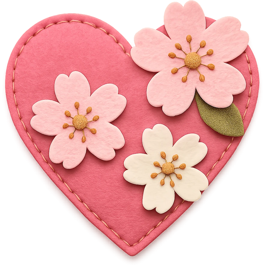 pink heart with sakura flowers, felt patch style emoji