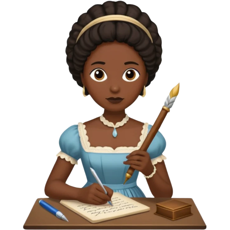 Jane austin writing with a quill in hand, make her black emoji