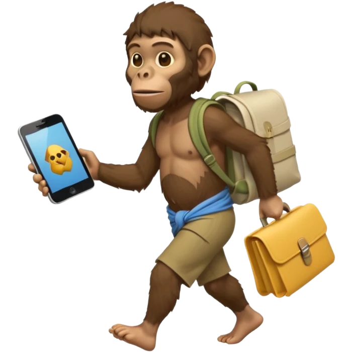 Draw an Australopithecus walking like a nomad, carrying a cloth bundle on its back and holding an iPhone in one hand and an open laptop (screen visible) in the other, in a cute flat iPhone emoji style emoji