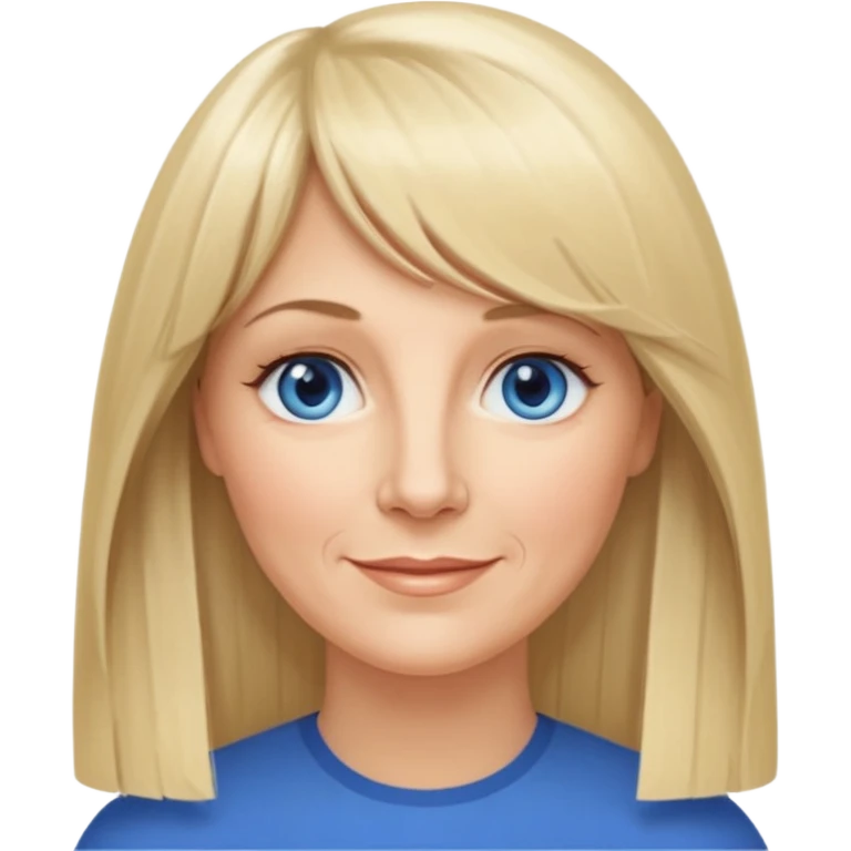 50 yr old white woman, curtain bangs, very long straight blond hair, oval face, small smile, blue eyes, thin face, hair down to elbows, round cheeks emoji