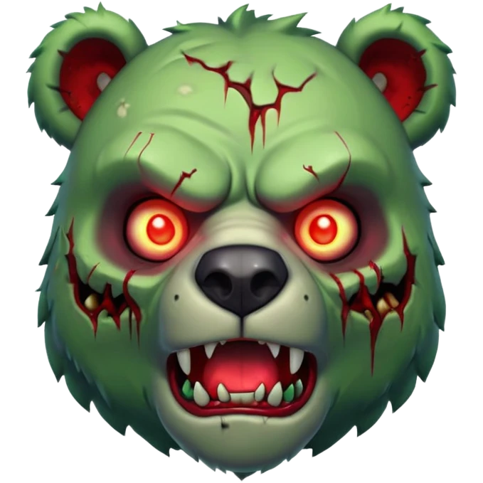 zombie bear portrait, head and shoulders only, cracked skin, stitched scars, glowing red-green eyes, powerful undead beast vibe, 3D cartoon, mobile game icon style, clean background, no text, no watermark
 emoji
