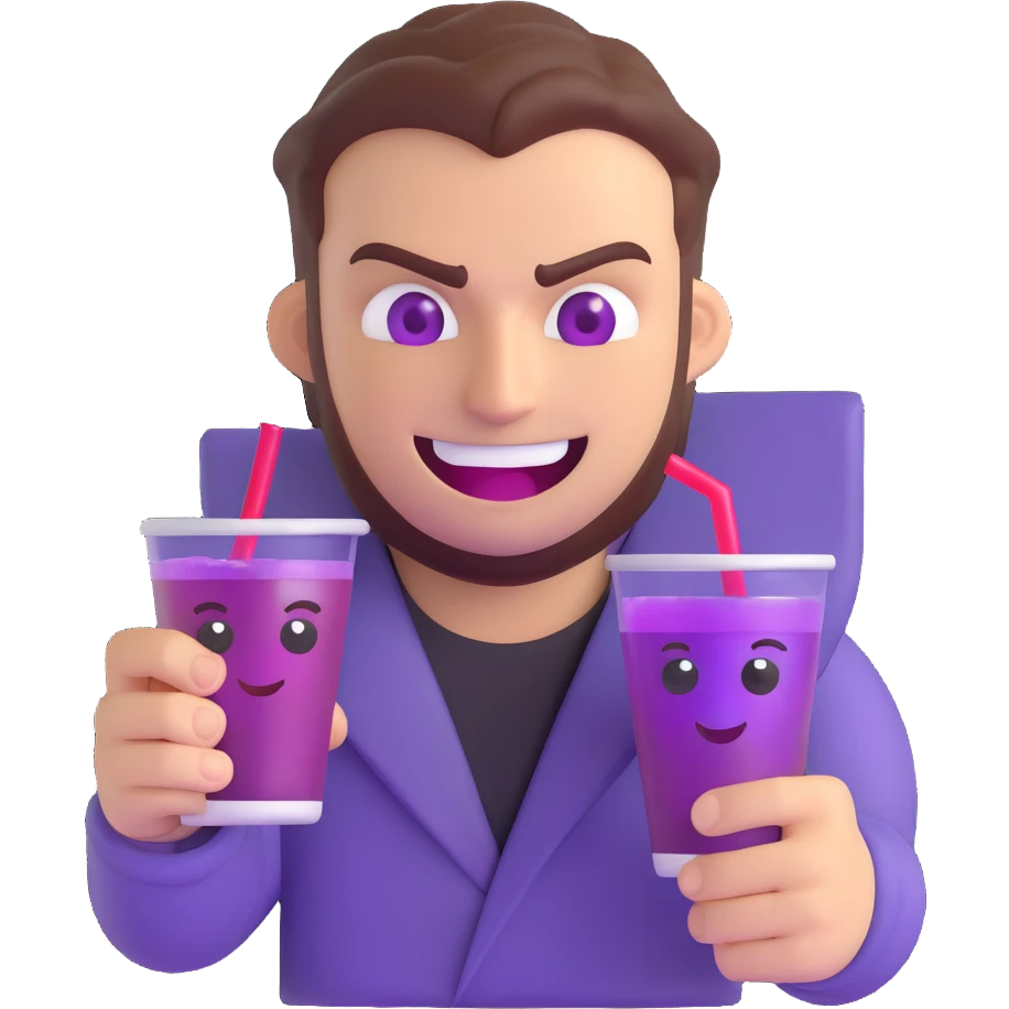 sharp, slanted angry eyes and a wide devious grin, holding a double cup of purple drank, 3D emoji style emoji