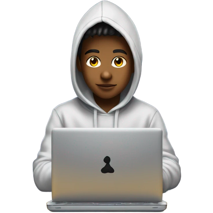 a 13 year old boy wearing a hoodie coding on a laptop with cool effects emoji
