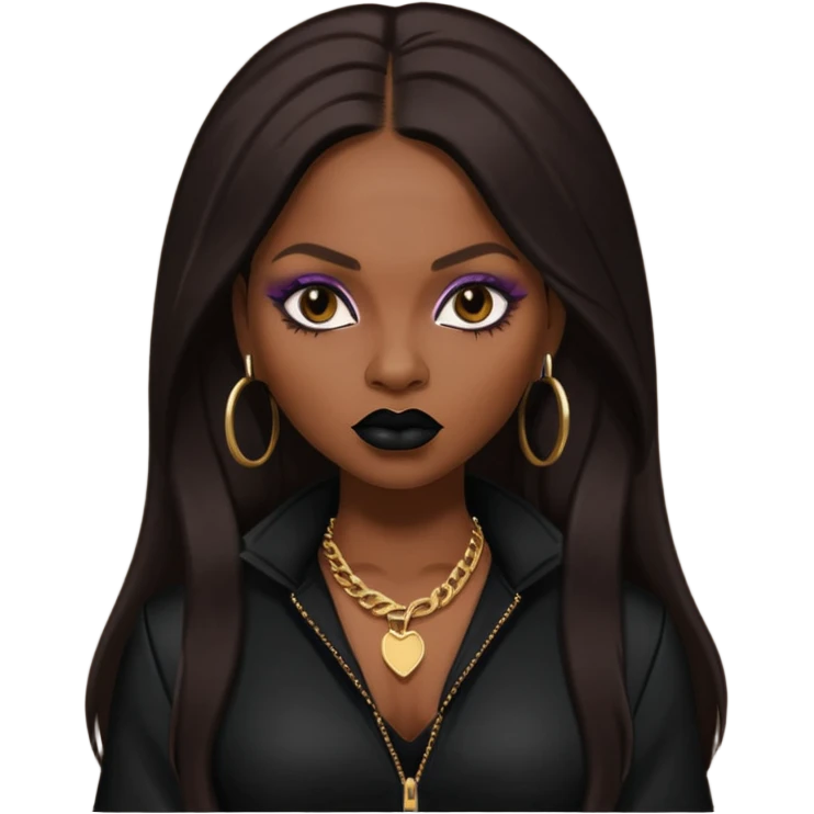 Foxy Brown, Rapper with dark brown long hair, black lip, black outfit emoji