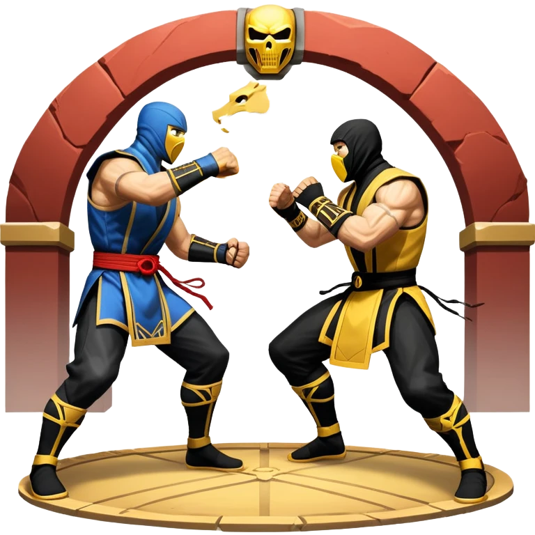 An icon showing two fighters in combat poses, inspired by Mortal Kombat. One character delivers a powerful kick, while the other blocks. The background features an iconic arena from the game with life bars at the top, symbolizing intense battles. Transparent background. emoji