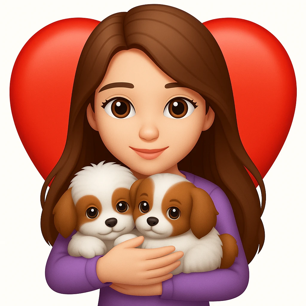 Add a heart background behind the girly girl with long hair cuddling a puppy in the style of emoji (apple style emojis). Keep the emoji style look and feel. emoji