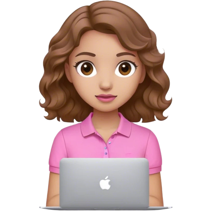 Chica cabello marrón ondulado, test trogueña, polo rosa y MacBook rosada  emoji