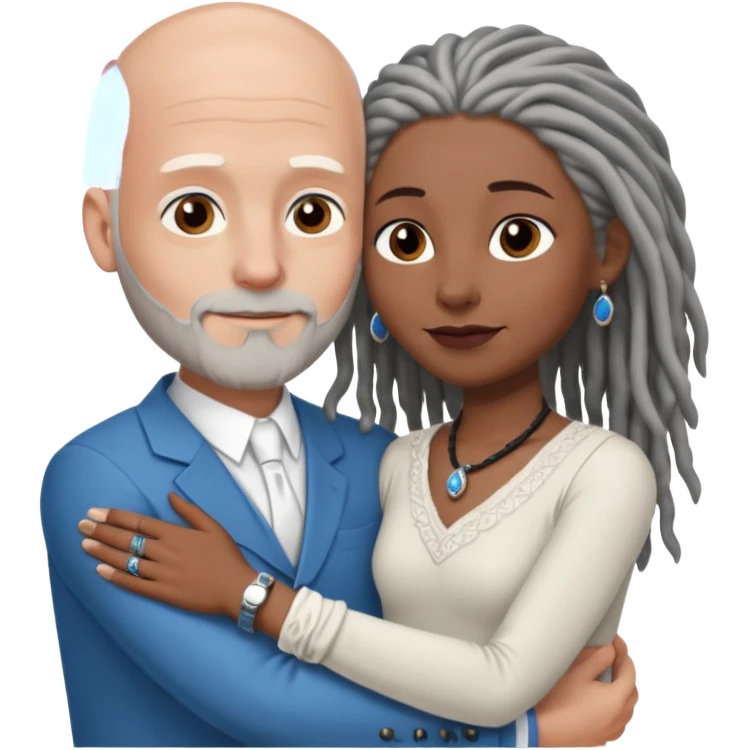 Tall bald white man with a short white beard and blue eyes in a lovingly embrace with a black woman with brown eyes and grey hair dreads emoji