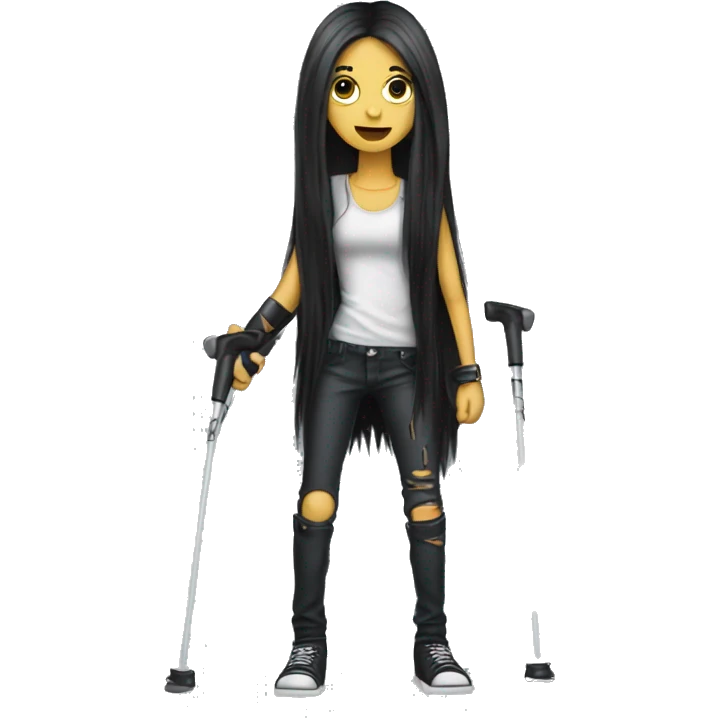 metalhead girl with long dark hair and use crutches emoji