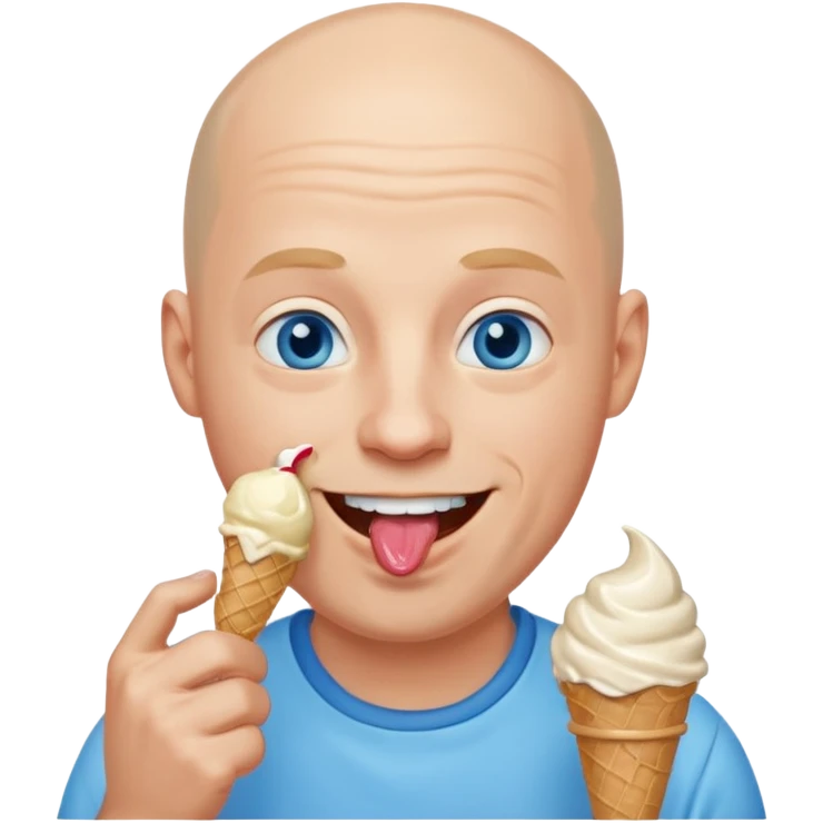 Smiling Bald man with blue eyes shoving ice cream in his mouth emoji
