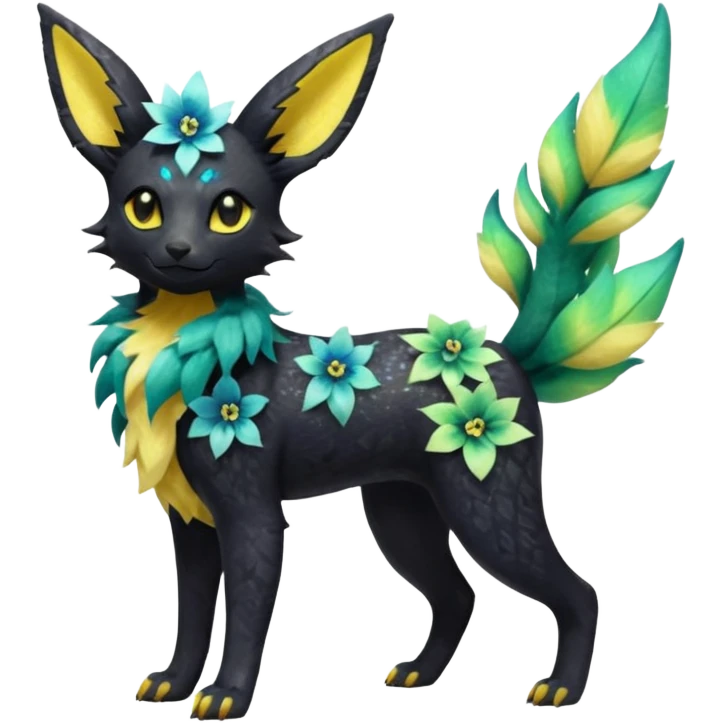 Multicolored sparkly light realistic pretty cool elegant realistic floral exotic Trico-Bolthund-Electrike-Luxray-Umbreon-Leafeon-hybrid, full body emoji