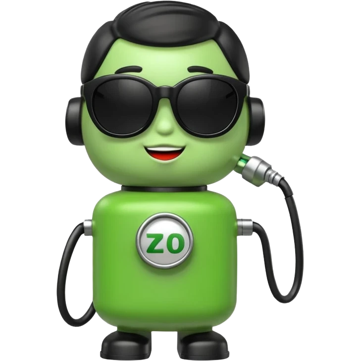 A cute 3D icon of a green gas pump character wearing oversized black sunglasses. Round and chubby proportions, glossy toy-like texture, soft pastel lighting, friendly expression, smooth edges, high-quality render, isolated on a transparent background. emoji