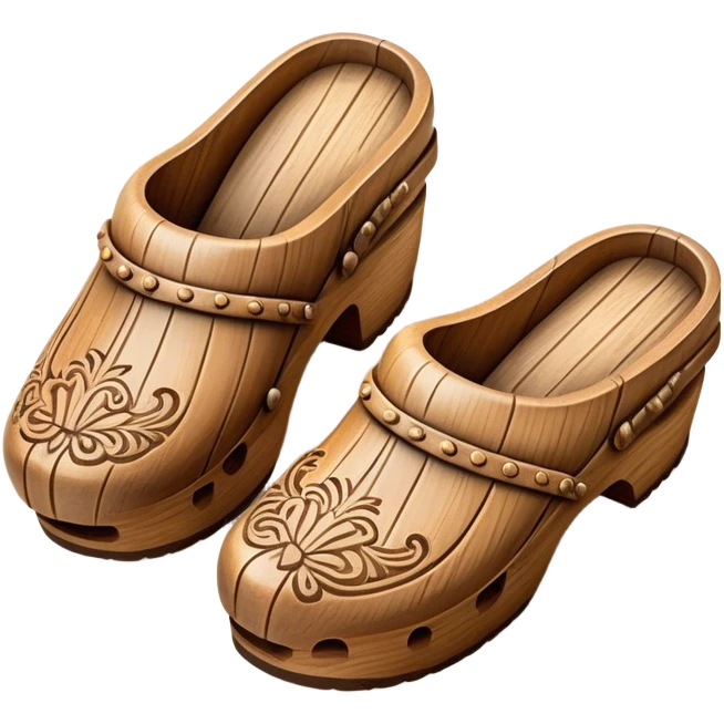 Cinematic Realistic Wooden Clogs Emoji, depicted as a pair of traditionally carved weathered wooden clogs with intricate details and rustic charm, rendered with rich textures and warm natural lighting that captures their cultural heritage. emoji