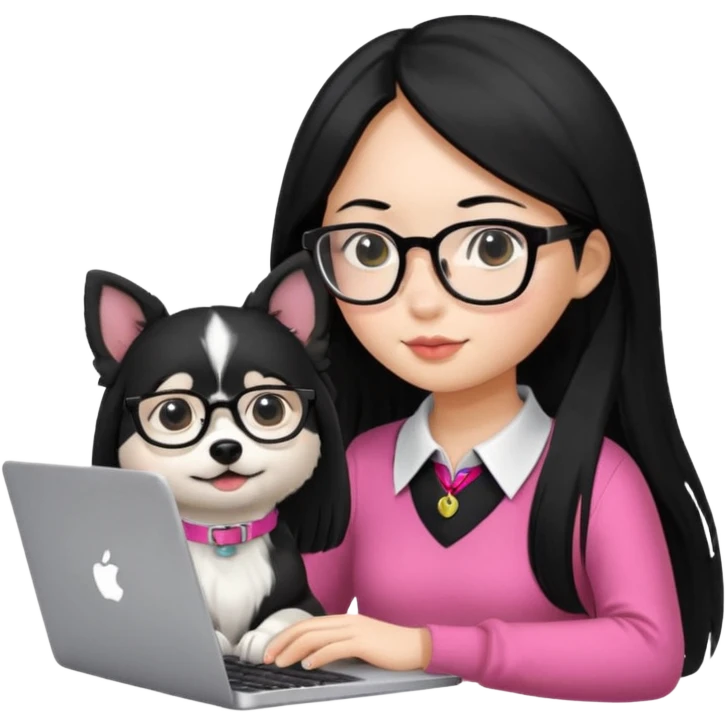 Asian girl with long black hair working on an Apple laptop, next to her is a small black and white dog with pink collar on  emoji