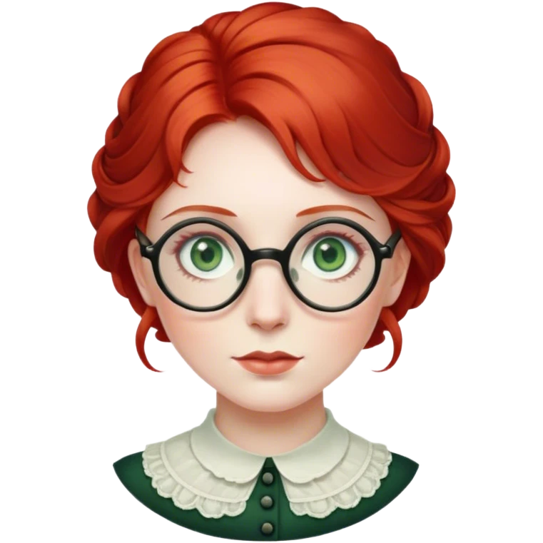 victorian lady with pale skin, green eyes and round glasses and red hair  emoji