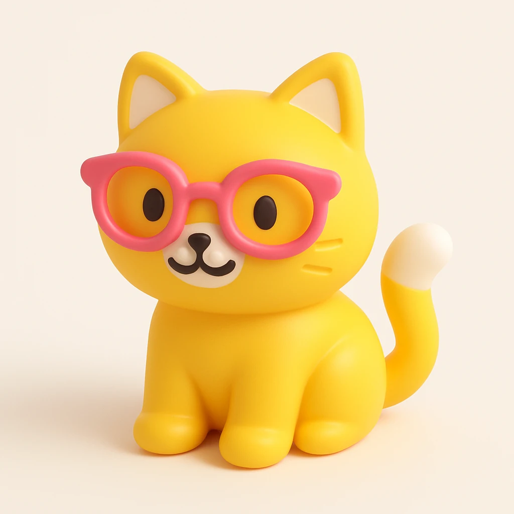 A cat with pink glasses in 3D IOS style, with a yellow background, Cute, rounded 3D models with bright colors and playful designs. emoji