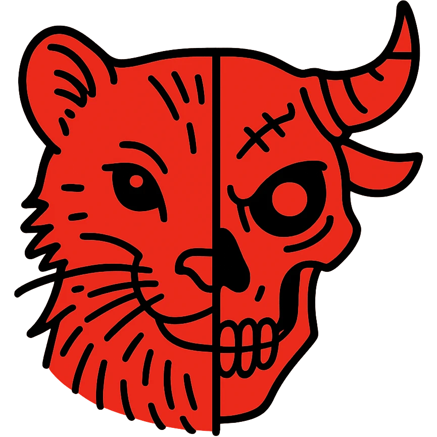 a red icon showing the left half of a stoat face with detailed fur lines merged directly with the right half of a minotaur skull with intricate bone texture, broken horn, and a glowing eye in the eye socket, minimalist design but with high-detail line art, everything in red emoji