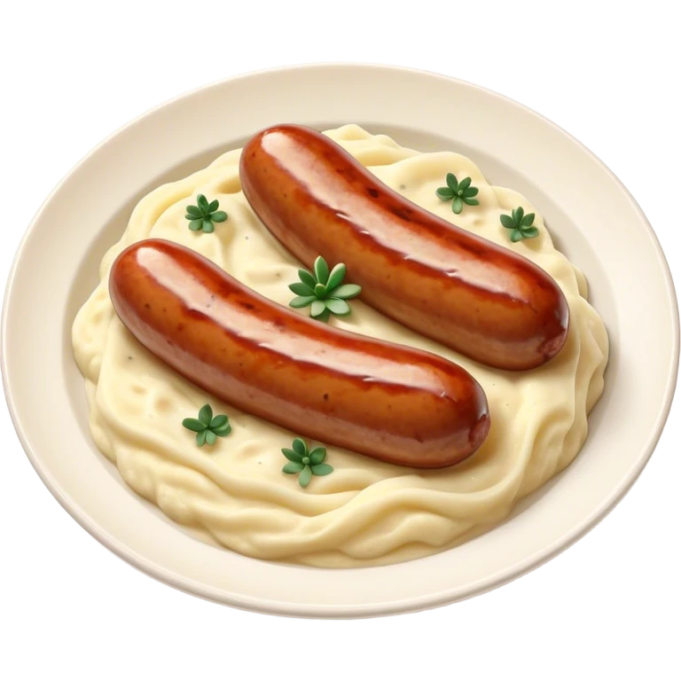 Cinematic Realistic Bangers and Mash Dish Emoji, featuring succulent pork sausages paired with creamy mashed potatoes rendered with detailed textures and natural highlights that emphasize its robust, hearty flavor. emoji