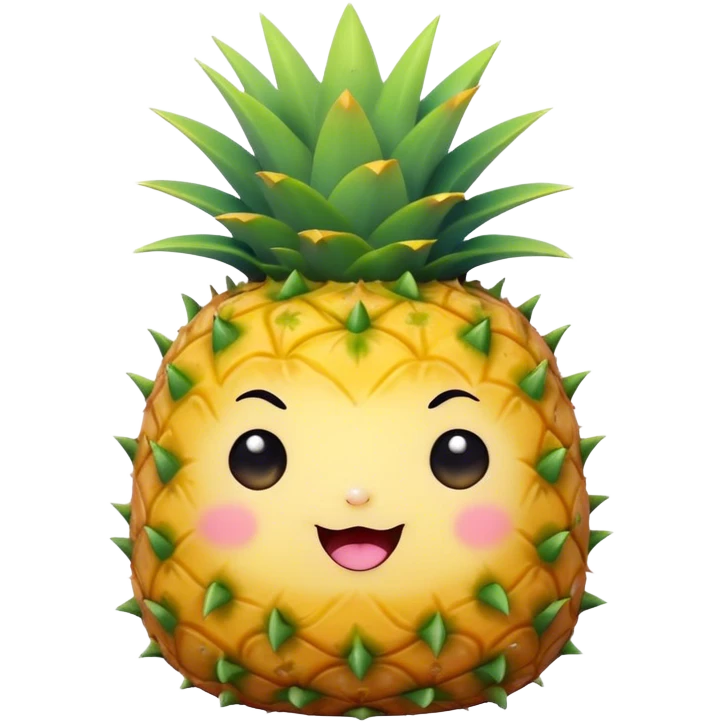 Cute Kawaii Pineapple, tiny and round, bright golden yellow with a spiky green top, chubby cheeks, playful winking expression, soft pastel textures, sweet and tropical vibes! emoji
