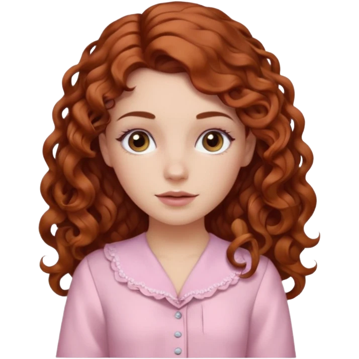 garota branca de cabelos longos cacheado partido ao meio castanho avermelhada com olhos castanhos e blusa rosa bebê emoji