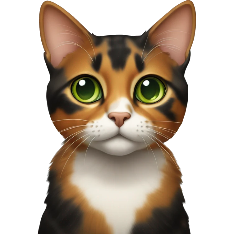Cat with piercing green eyes, a sleek tortoiseshell coat of black and caramel hues, and an orange stripe down the nose. emoji