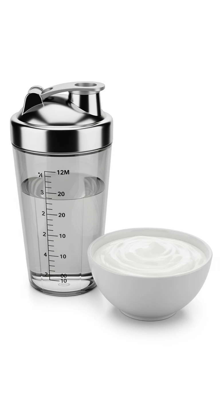 SHAKER PROTEICO E BOWL DI YOGURT GRECO, iperrealistico 4k, ISOLATA SU SFONDO BIANCO emoji