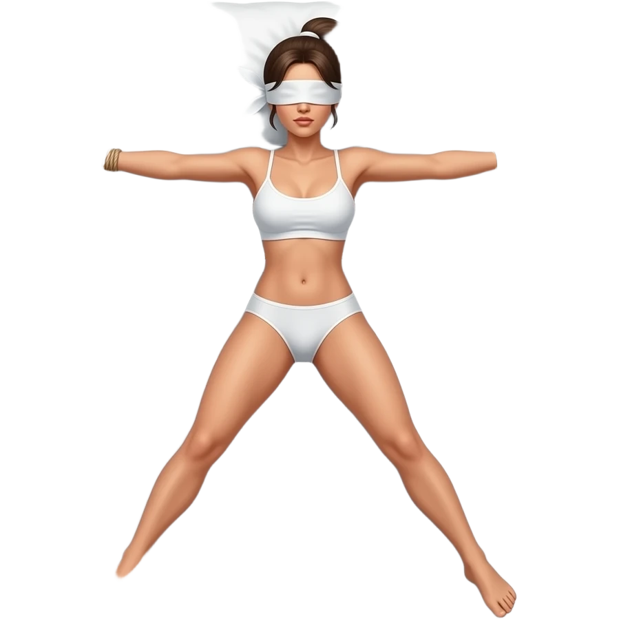 woman in blinfold with white underwear with ponytail on bed with arms tied and legs apart shibari emoji