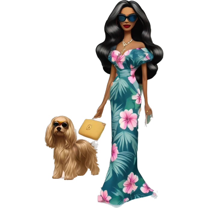 Palm Beach Breeze Barbie, teen Morticia Addams ,walking by the pool, white skin, full body visible, wavy hair,handbag, aloof,eyeshadow,earrings,open flowing floral caftan,small 2 piece, sunglasses on top,heels,holding yorkie Miss Thang emoji