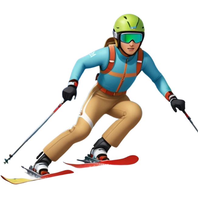 An icon featuring a skier racing down a snow-covered slope, surrounded by snowy peaks, pine trees, and a picturesque mountain landscape. The sky is blue with soft clouds, capturing the thrill and beauty of alpine skiing. Transparent background highlights the excitement and serenity of winter sports. emoji