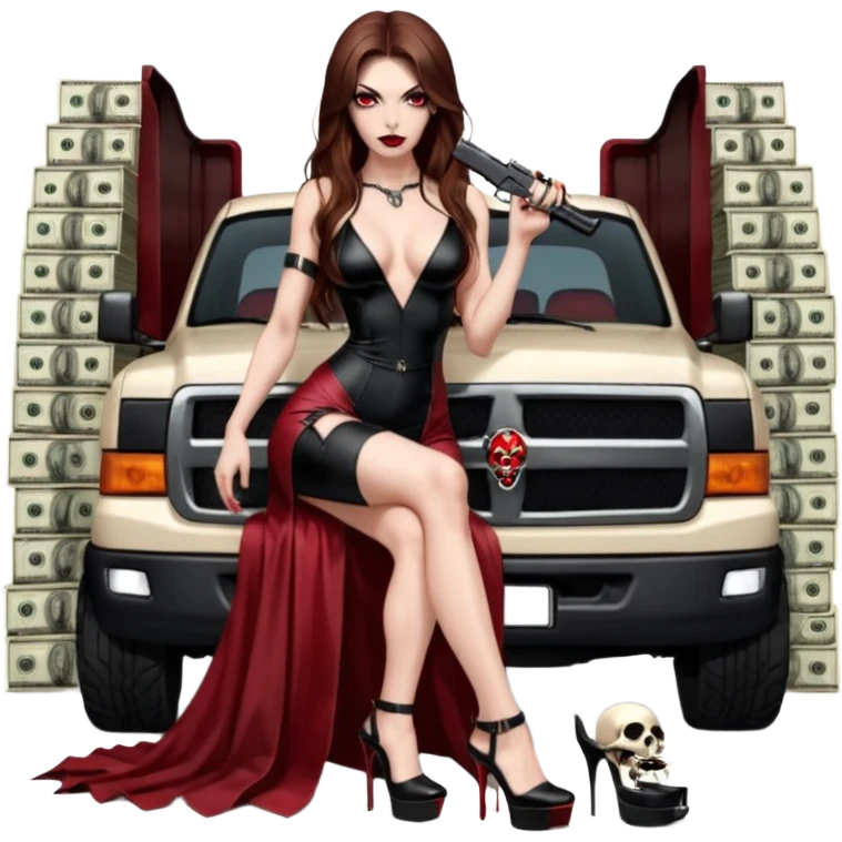 Lilith symbol red eye seductress evil long brown haired sexy succubus woman with leather long dress with slit, sitting in Big Large F350 pickup truck. Black Platform high heels on feet. Back of truck full of stacks of cash, sitting behind her is  a human skull with a gun in other hand emoji