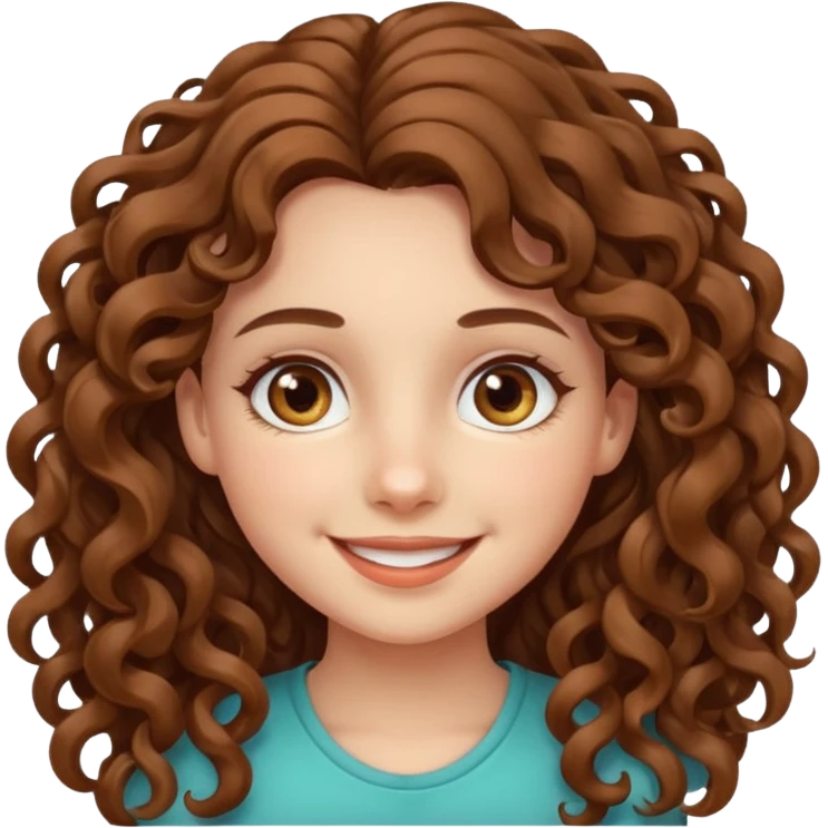A girl with long curly brown hair, fair skin and beautiful hazel eyes, smiling.  emoji