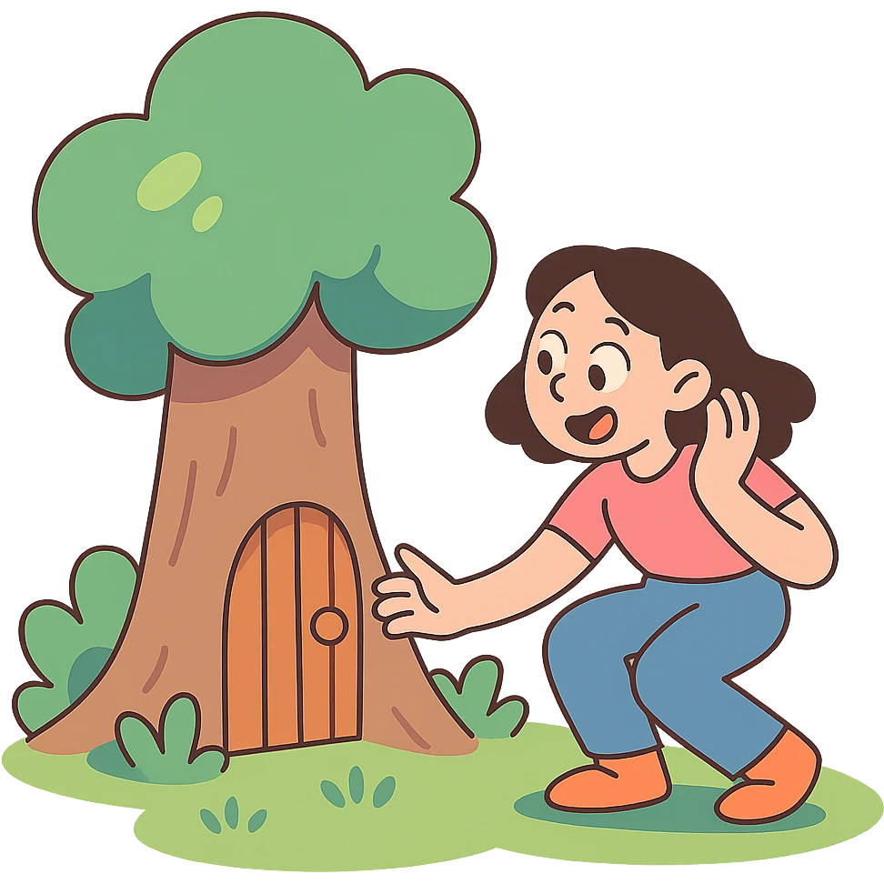 wooden door embedded in a tree, secret forest hideout vibe, pastel toon style emoji