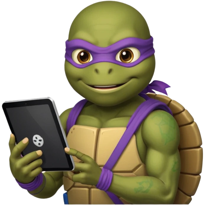 Donatello from Teenage Mutant Ninja Turtles, emoji style, with a tablet showing a hacking screen in hand emoji