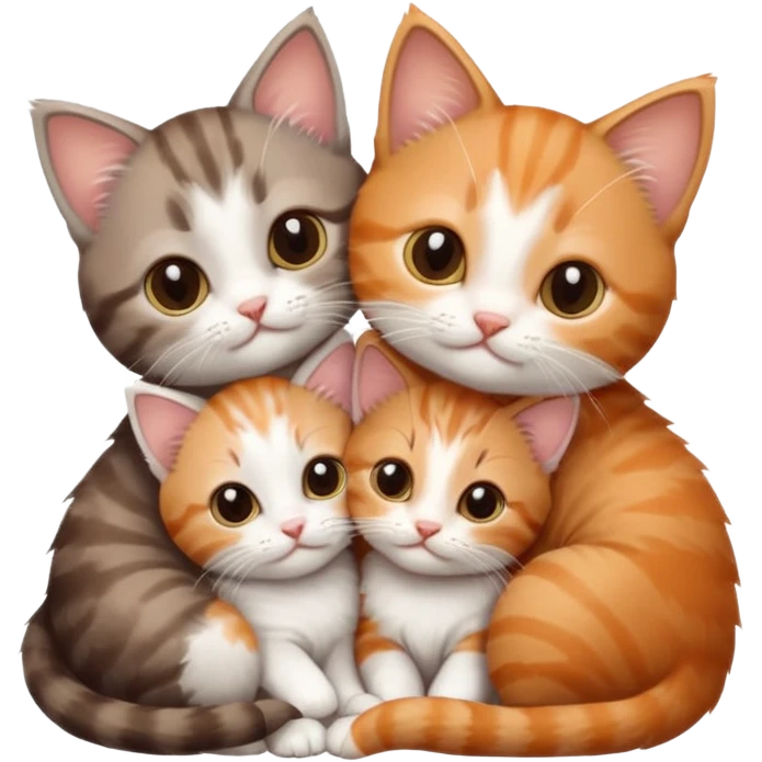 3 very small kittens cuddling together all different colours, the first one is grey and white, the second is ginger and white and the third is brown tabby and white emoji