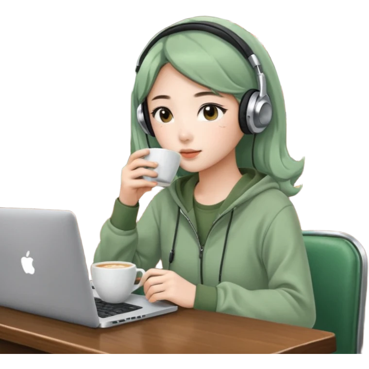 A Korean girl at a dive bar with a laptop and headphones with coffee watchin a korean drama the clothes in sage green emoji