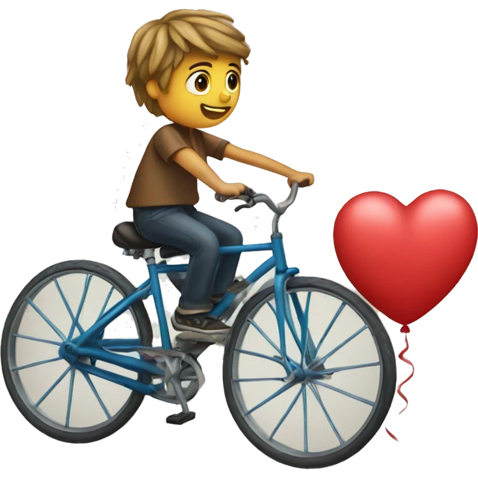 Boy on bicycle rides over a ballon heart emoji