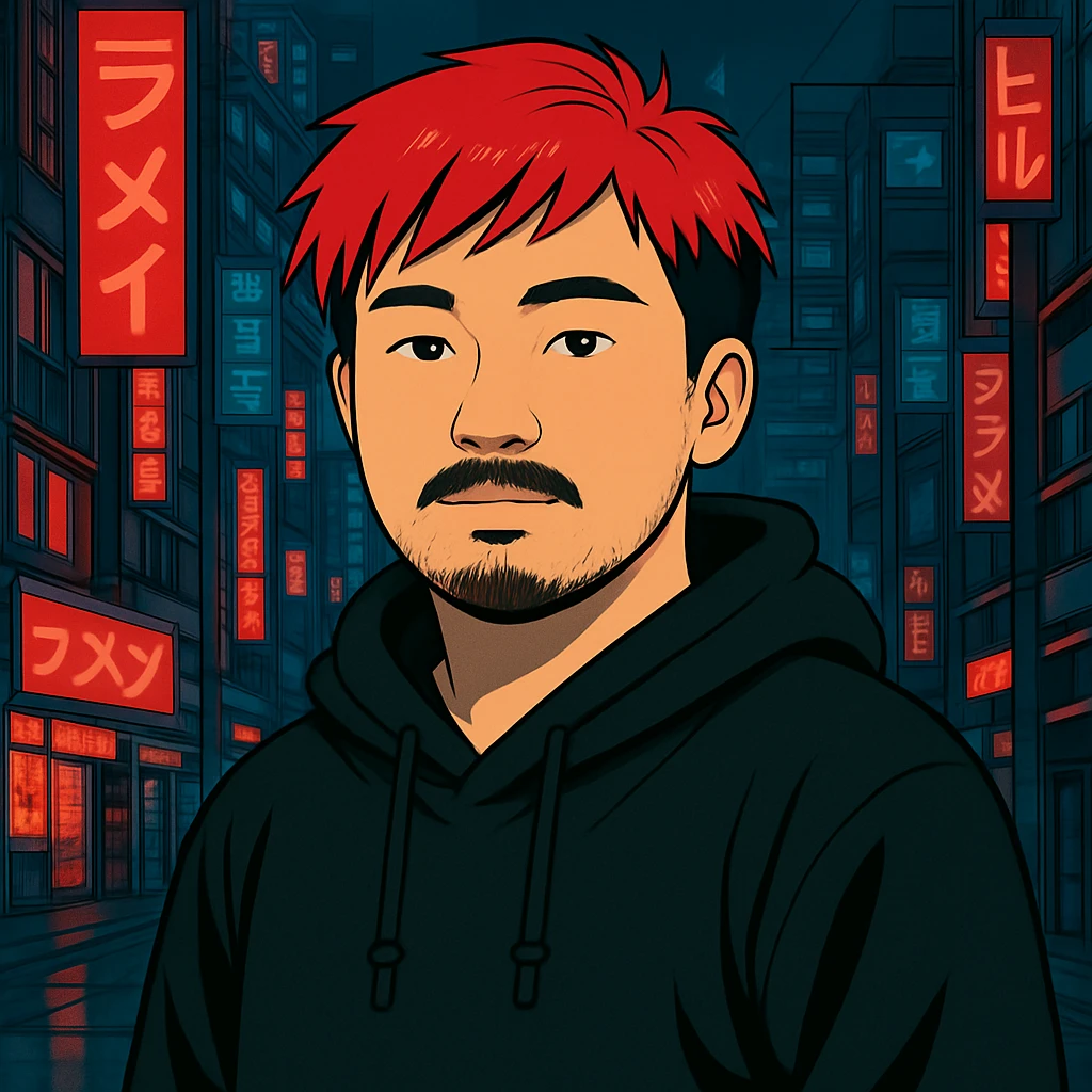 Asian man with a bit round face, less mustache, and a bit of beard, red hair, black hoodie, Japanese cyberpunk anime style, futuristic city background emoji