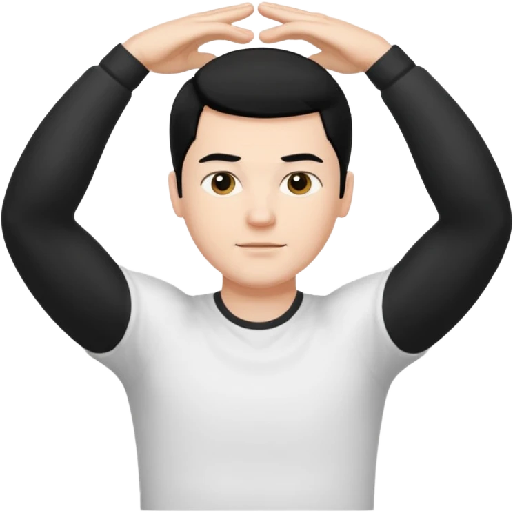 Hombre blanco pelinegro haciendo ejercicio de estiramiento de brazos emoji