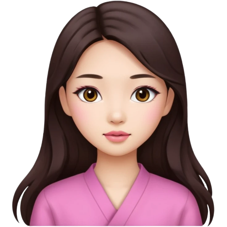 Asian girl with long brunette hair, white skin, makeup pink natural  emoji