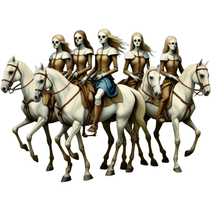 cinematic - aesthetic brilliant divine lighting, oil paint - ivory Four thin women as riders of the Apocalypse, after a graphic by Albrecht Dürer in a desolate landscape on horse skeletons emoji