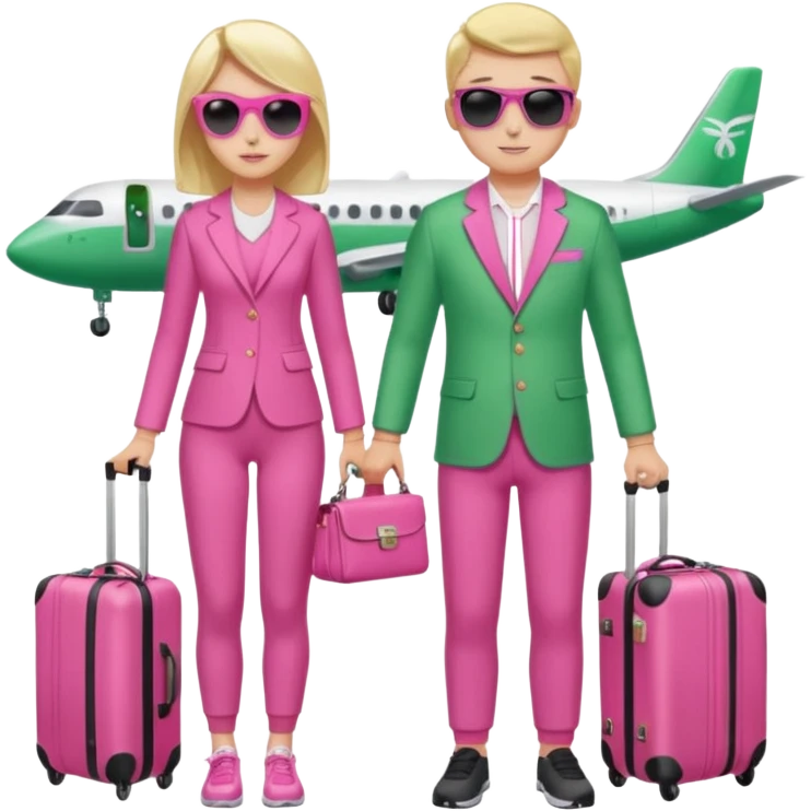 Девушка и мужчина вдвоем стоят в аэропорту с чемоданами. На фоне самолет в и табло с рейсами. Девушка в спортивном розовом костюме, мужчина тоже в спортивном зеленом костюме. Девушка держит дамскую сумку розовую. Мужчина держит фотоаппарат в руке и на нем солнцезащитные очки черного цвета  emoji