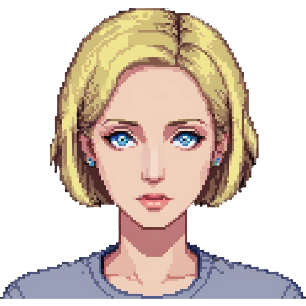 Mrs. Maria, math and artificial intelligence teacher, no glasses, thin nose, blonde eyebrows, blonde bob hair, blue eyes emoji