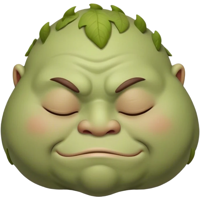 Meme-Worthy Cute Sleeping Ogre Portrait Emoji, with a surprisingly endearing, plump figure in soft earthy greens and browns, head drooping gently with closed, relaxed eyes and a content, sleepy grin, simplified yet adorably detailed, glowing with a soft warm outline that captures the peaceful slumber of a friendly ogre after a day of gentle mischief! emoji