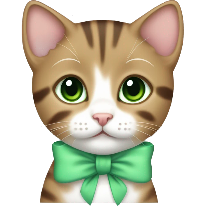 kawaii brown tabby kitten with green eyes and pastel green bow on ear emoji