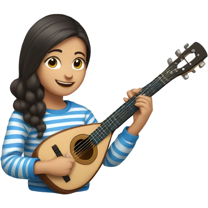 A girl with dark hair and blue eyes in a striped sweatshirt smiles with a balalaika in her hands emoji